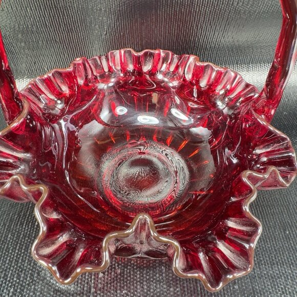 Fenton Ruby Red Glass Basket Bowl Ruffled Edge Amberina Vintage Decor - Picture 9 of 16